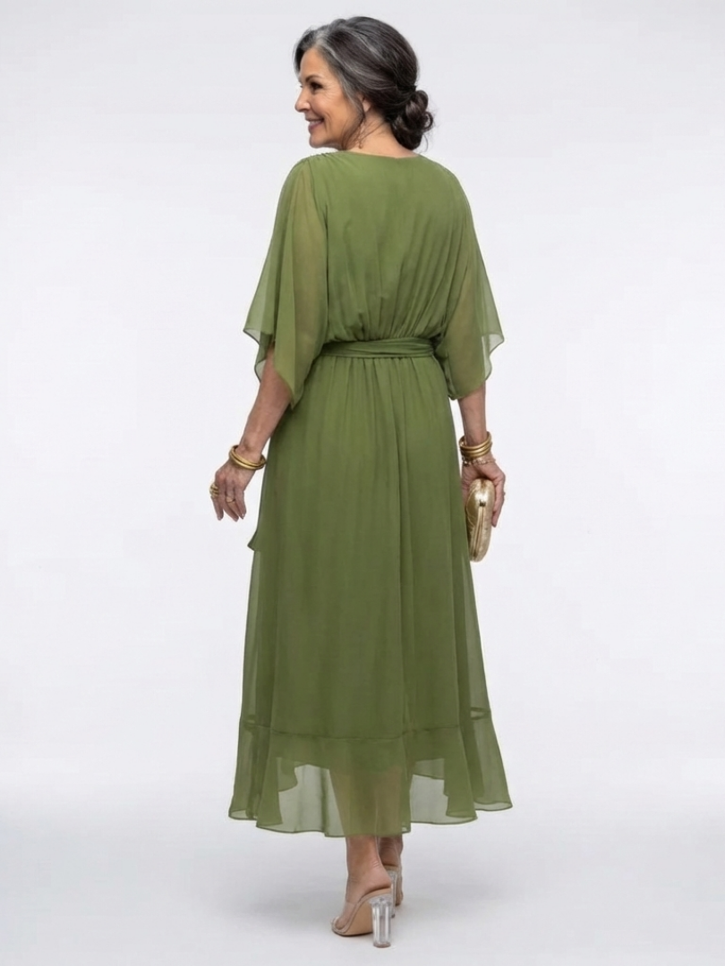 Elysia | Robe Midi Drapée à Décolleté en V avec Ceinture