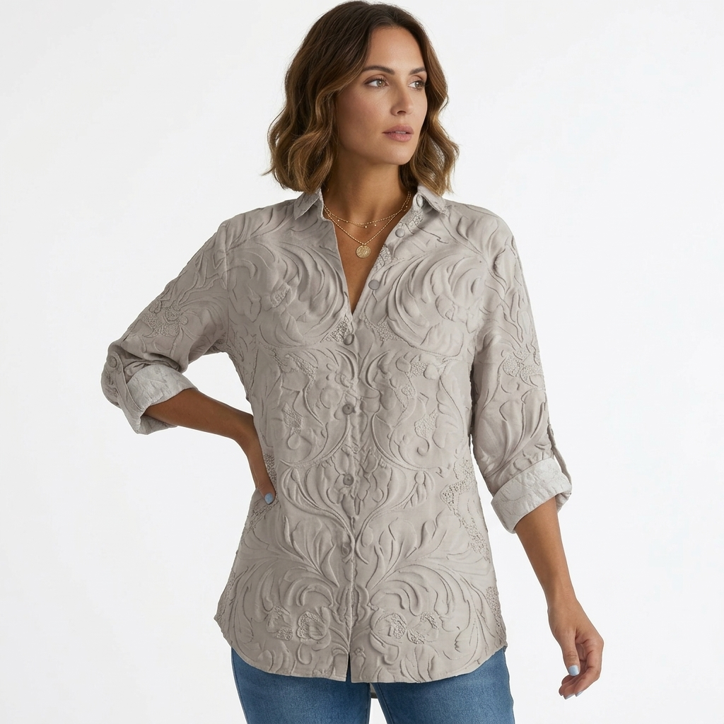 Blouse Élégante Florale Coupe Classique Manches Trois-Quarts