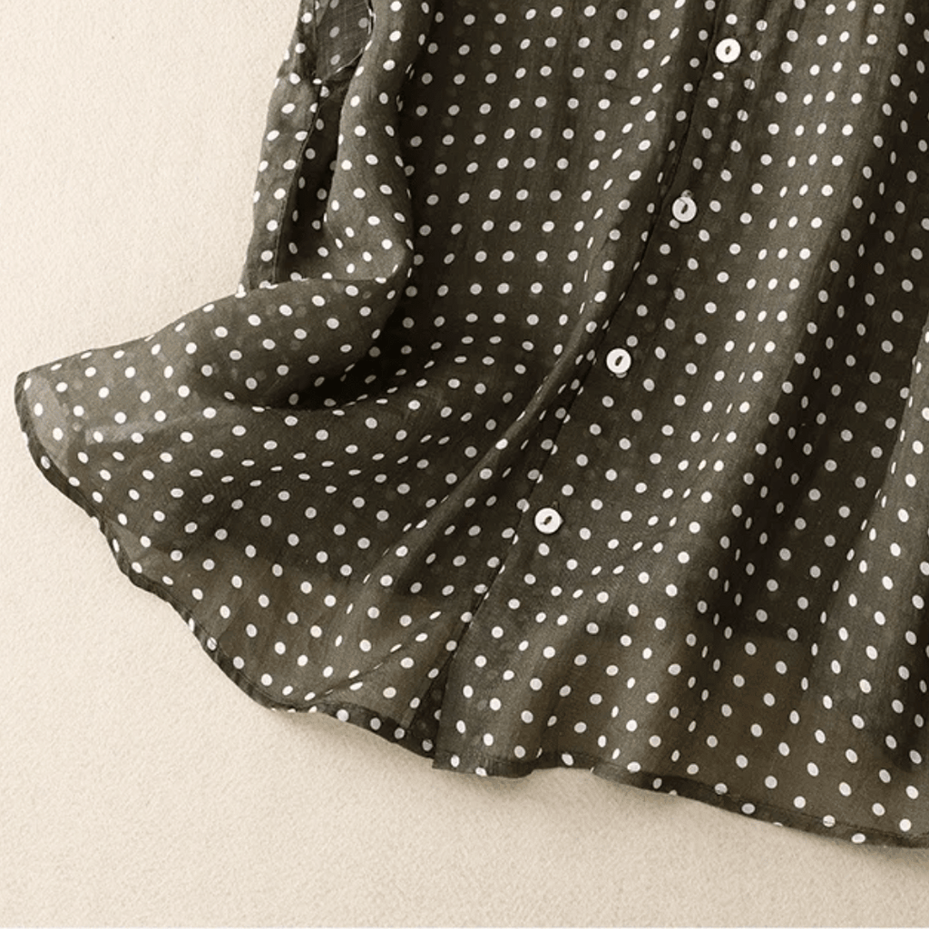 Chemise en Coton et Lin à Manches Courtes avec Imprimé à Pois pour Femme