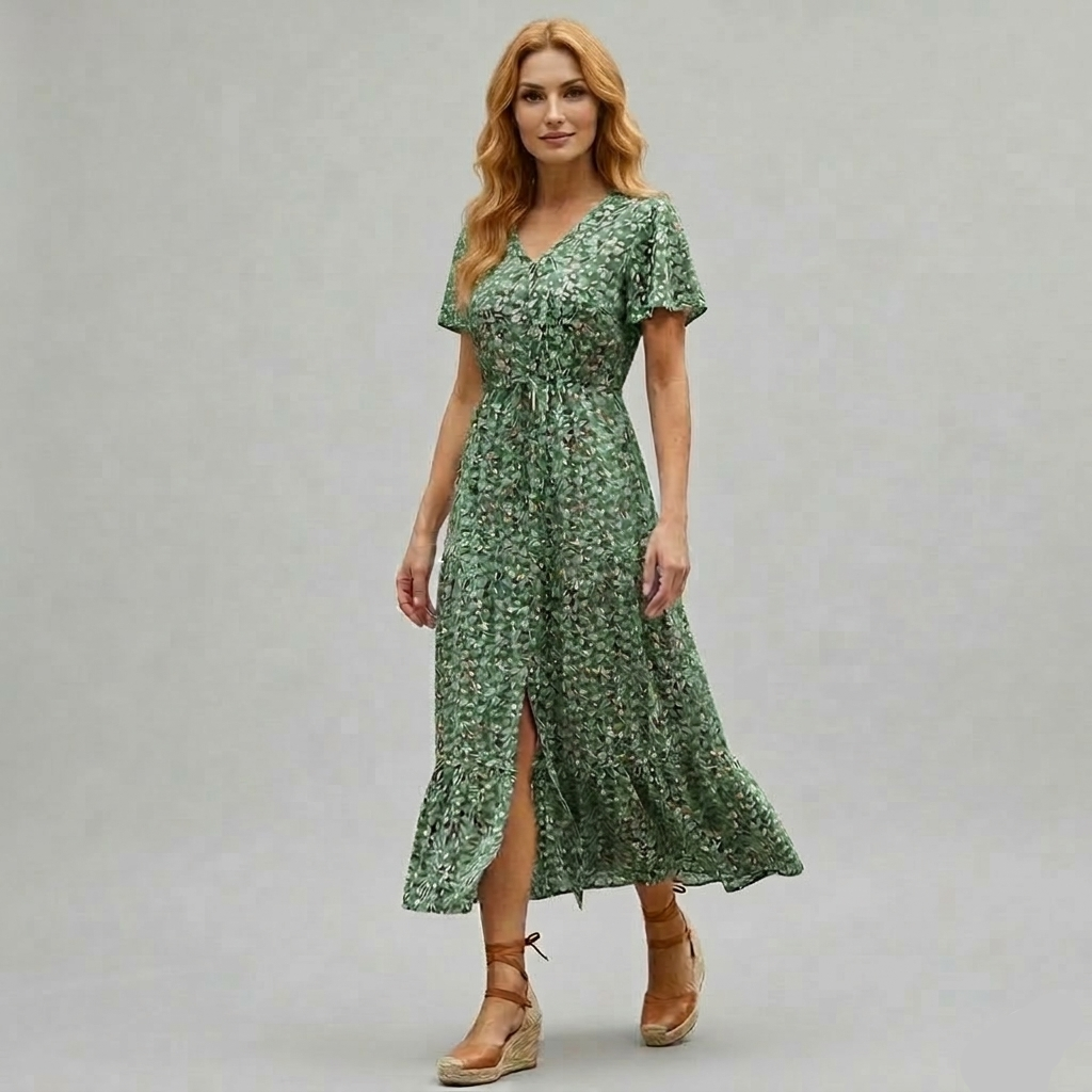 Robe Maxi Femme Florale Élégante Col V Boutons Avant