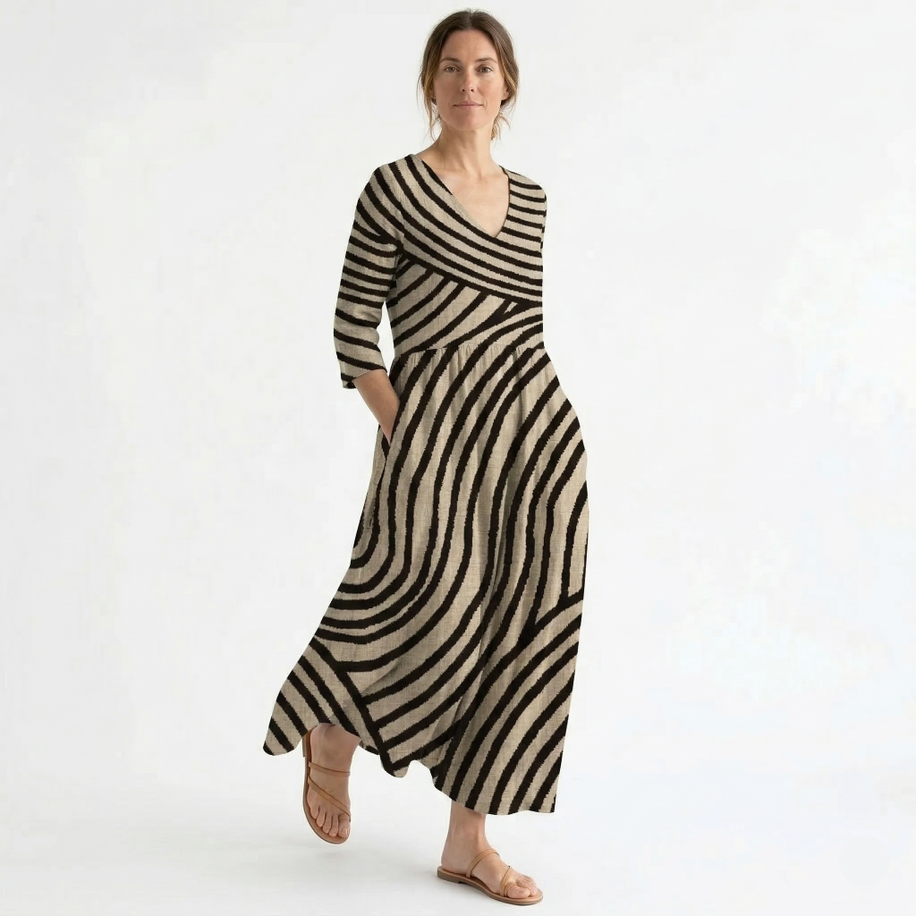 Robe Longue Femme Rayée Élégante Col V Manches Trois Quarts
