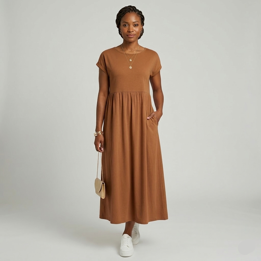 Robe Maxi Femme Élégante Manches Courtes Taille Haute Poches