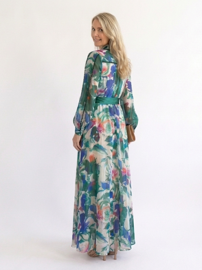 Carolina | Robe Maxi Imprimée à Manches Longues et Ceinture