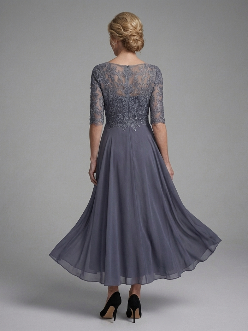 Olivine | Robe Midi à Corsage en Dentelle et Manches Transparentes