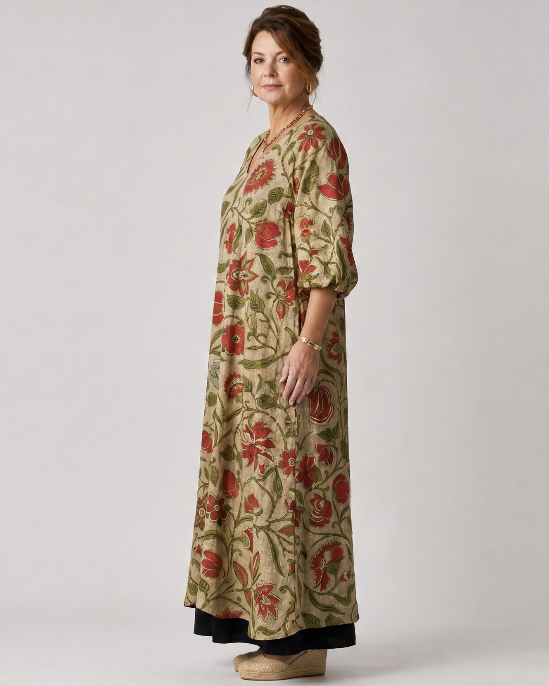 Rimla | Robe midi décontractée à manches trois quarts avec imprimé botanique