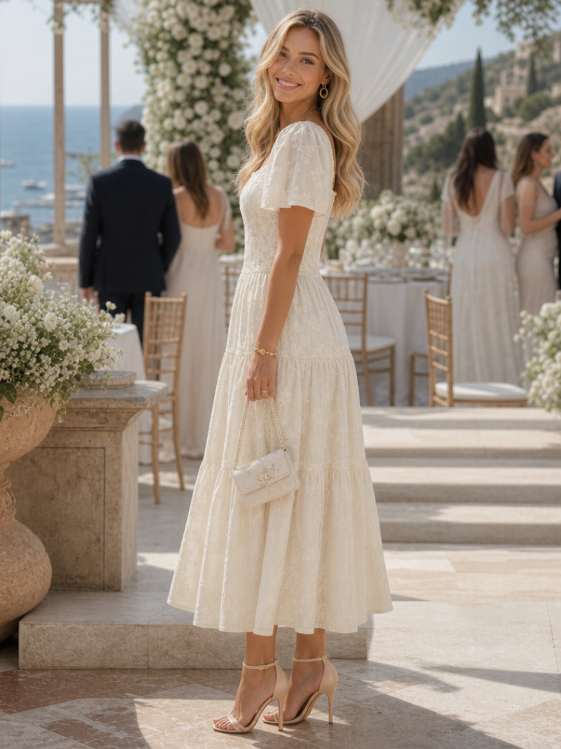 Elaria | Robe Midi à Détails Floraux Texturés à Manches Courtes