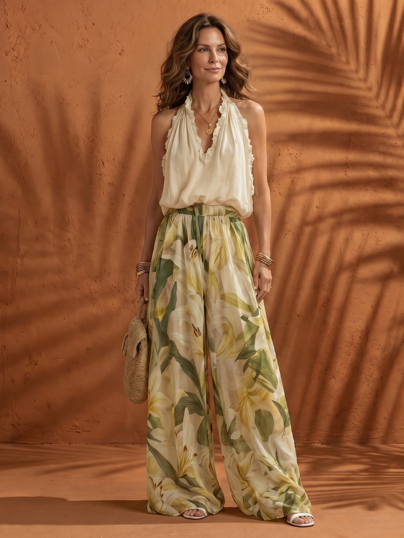 Solange | Ensemble Blouse à Col Halter et Pantalon Large Floral
