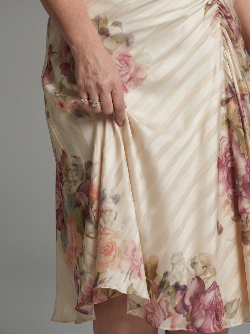 Katarina | Robe midi à manches volantées avec imprimé floral et rayures