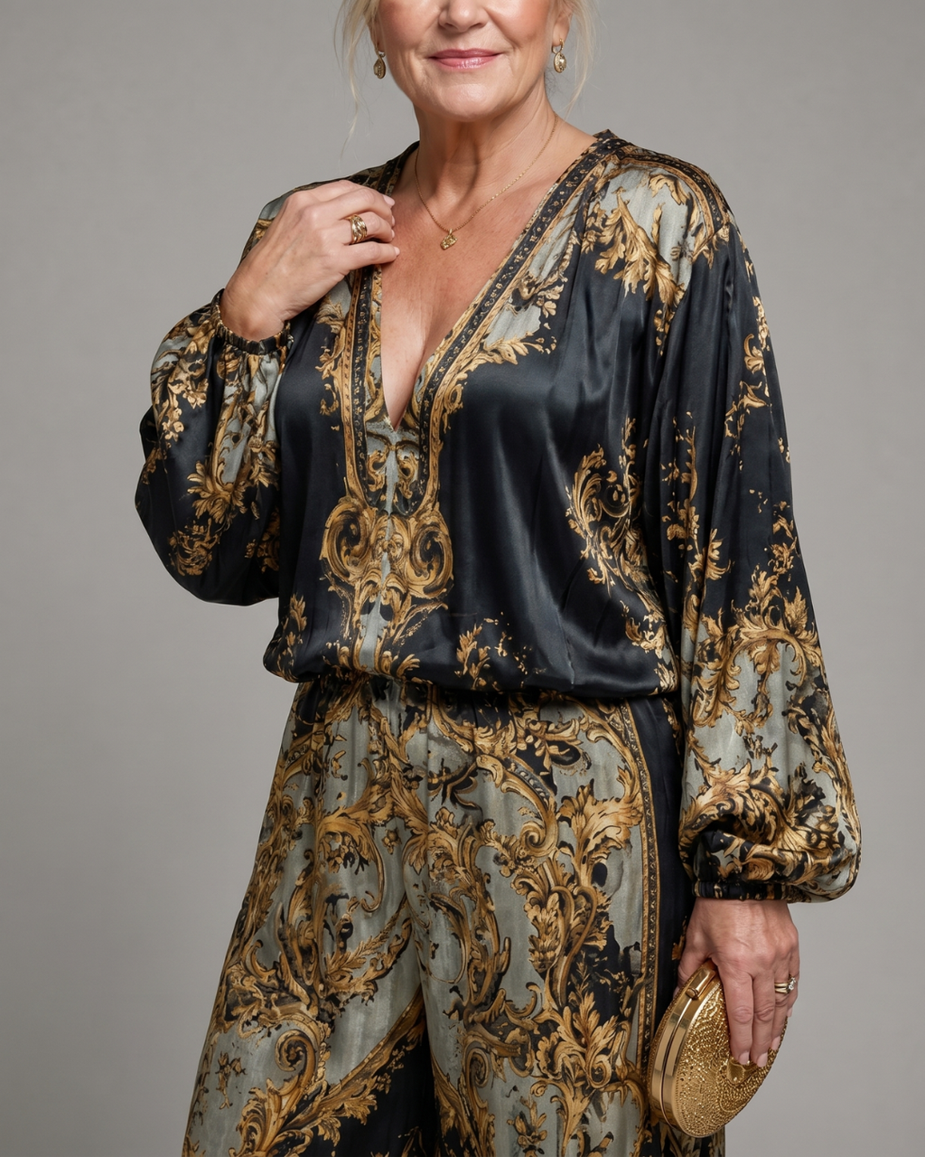 Valoria | Ensemble Blouse Imprimé Baroque et Pantalon Large