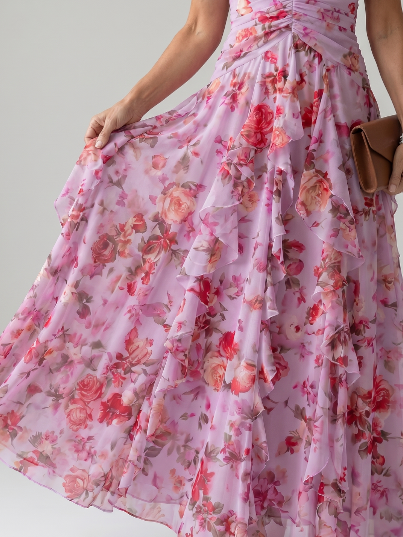Nori | Robe Maxi Floral à Encolure Halter et Corsage Froncé