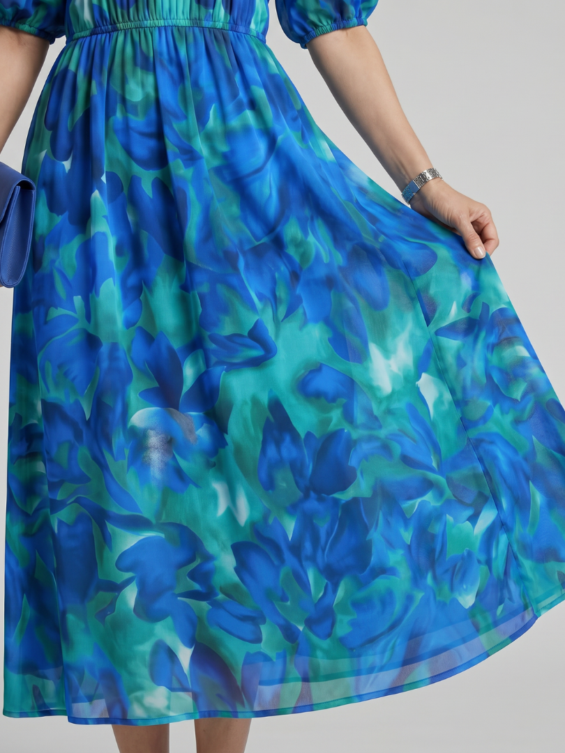 Candlia | Robe Midi Imprimé Abstrait à Manches Bouffantes et Décolleté en V