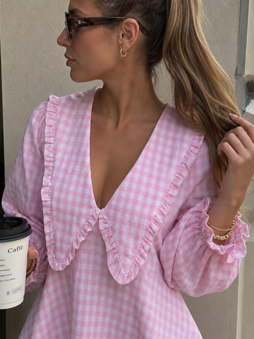 Peker | Robe Mini à Col Ruffle et Motif Vichy