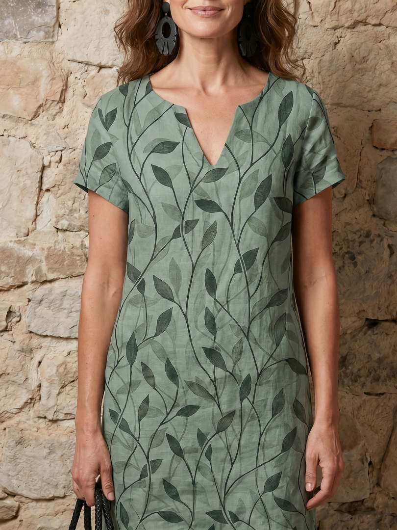 Hanie | Robe à Imprimé Feuille, Longueur Genou, Col en V
