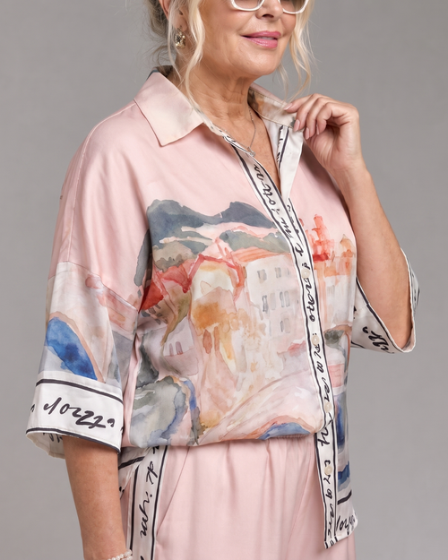 Akela | Chemise à Boutons Imprimée Scénique et Ensemble Pantalon Large