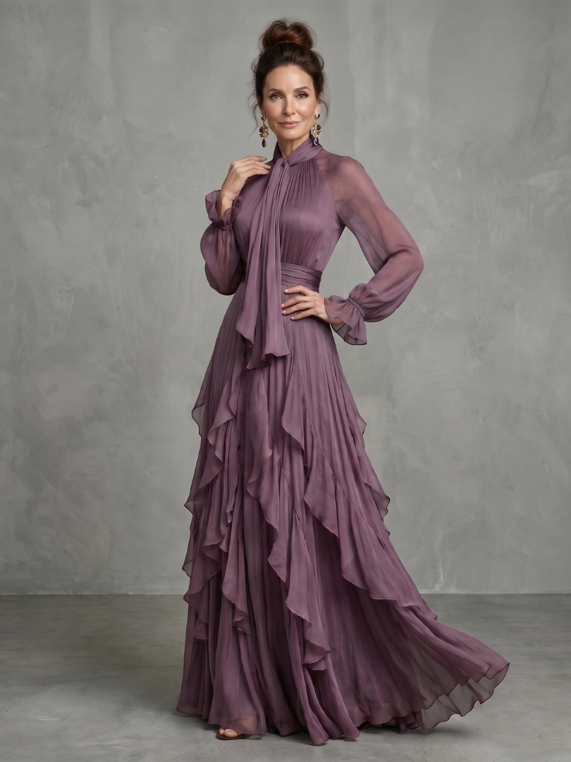 Demetria | Robe Maxi à Volants avec Nœud au Cou