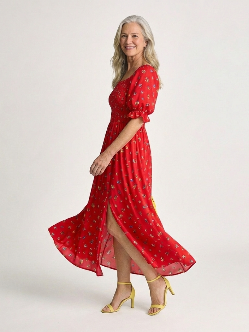 Delphine | Robe Midi à Encolure Carrée et Manches Bouffantes Florales
