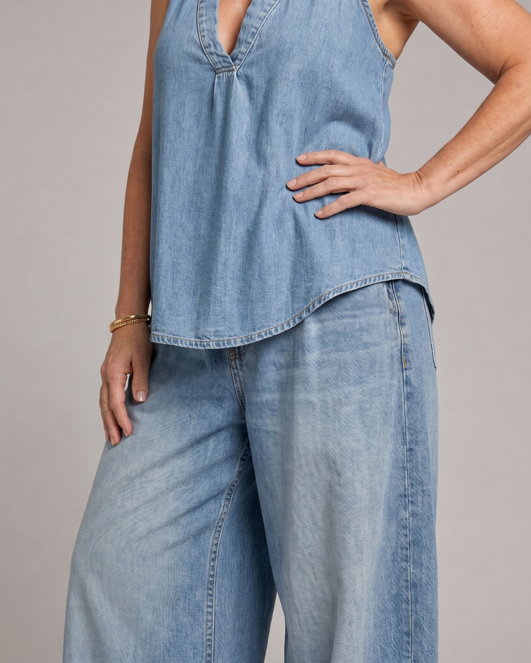 Zorelle | Ensemble Top en Jean à Col Halter et Pantalon Large