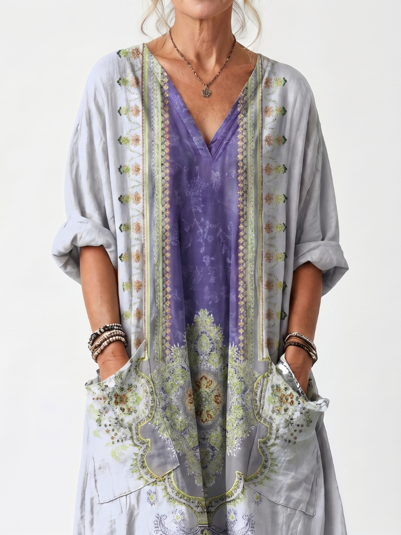 Raina | Robe midi oversize à poches avec panneau contrasté brodé