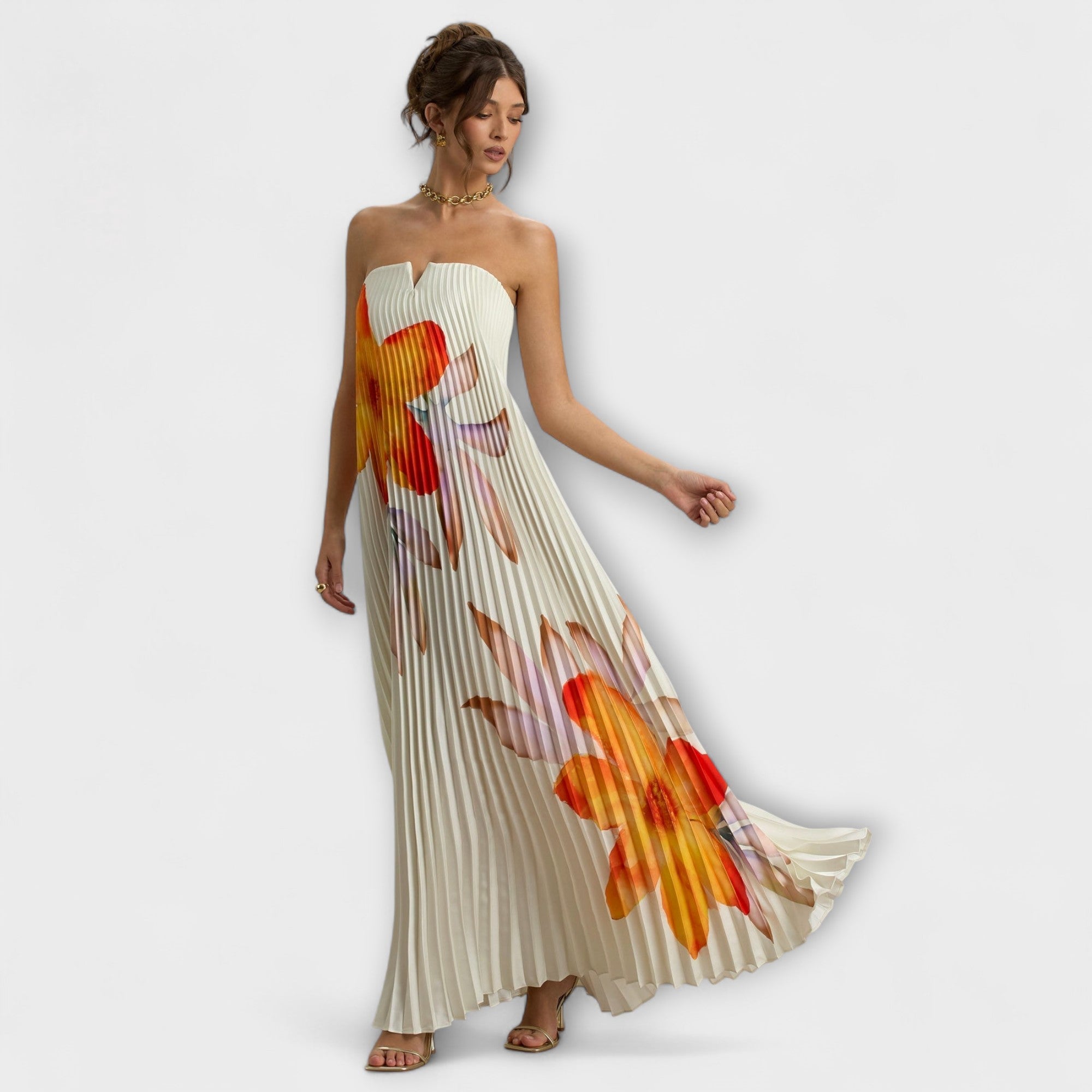 Robe Longue Bustier Plissée avec Corset et Imprimé Floral
