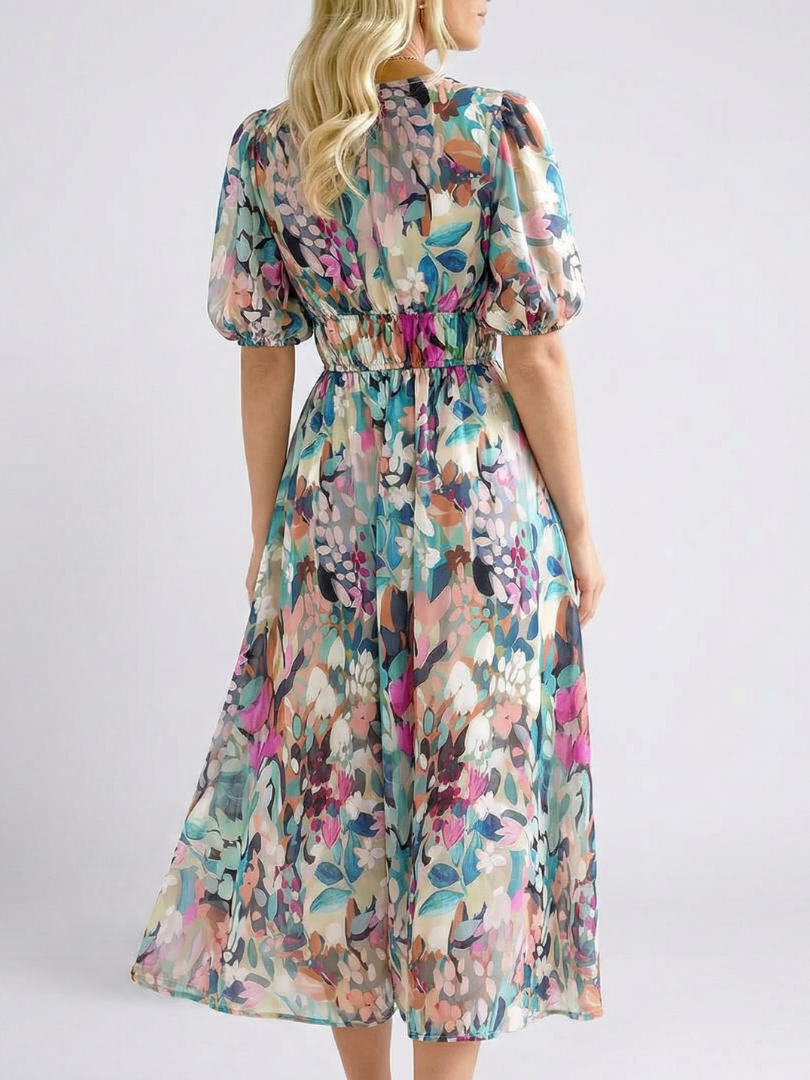 Eulalie | Robe Midi à Manches Courtes et Taille Rassemblée en V
