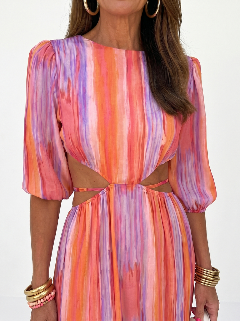 Gia | Robe Midi à Découpe à la Taille à Rayures Verticales