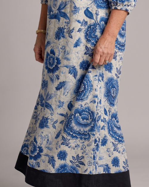 Celope | Robe Midi Détail Floral en Porcelaine Bleue