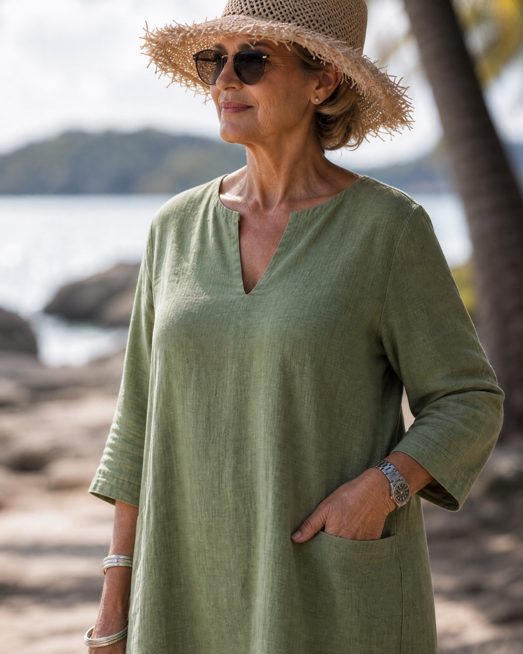 Elixir | Robe à manches trois-quarts en V texturé à longueur genoux