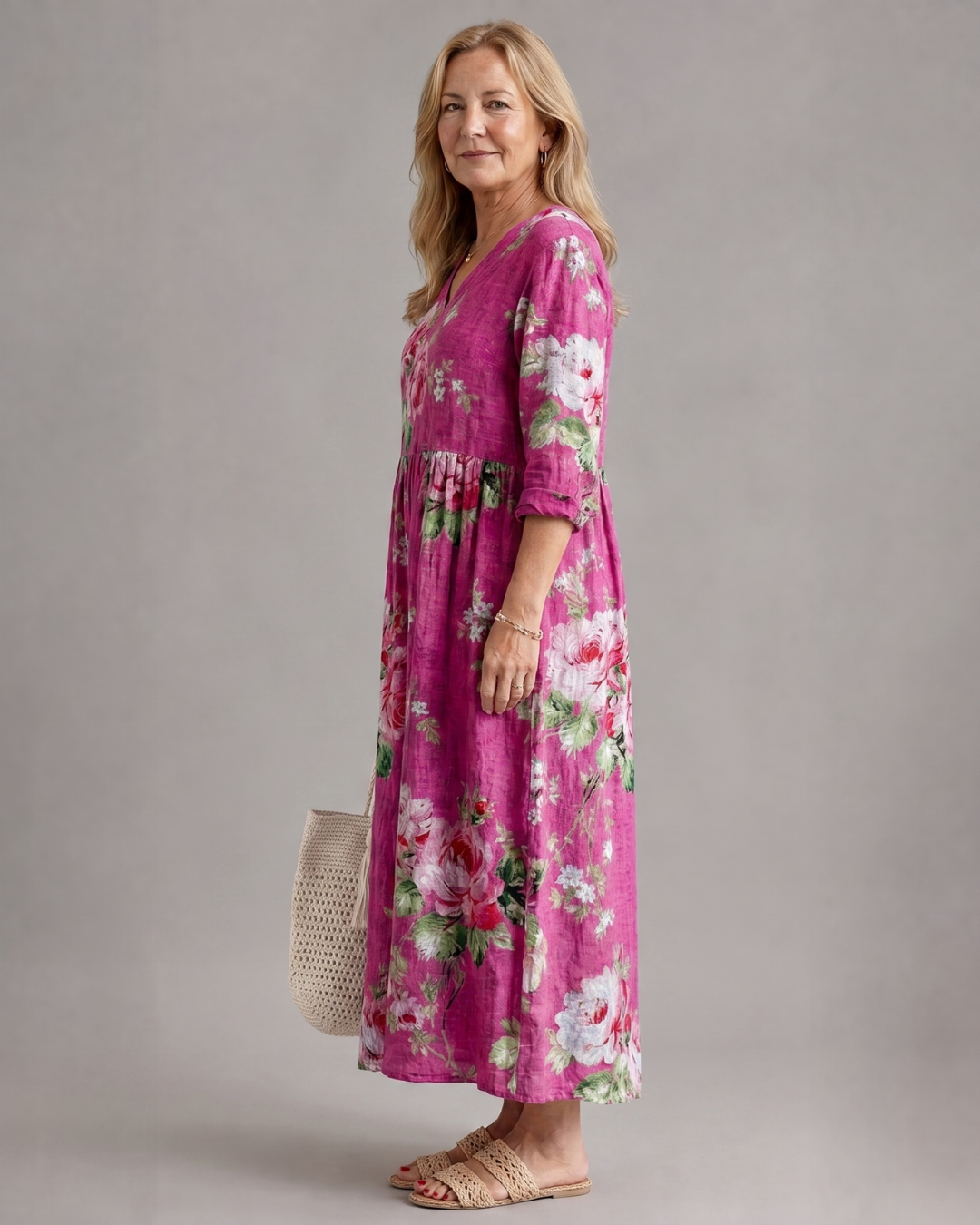 Rosavelle | Robe Midi à Taille Rassemblée Imprimé Rose Vintage