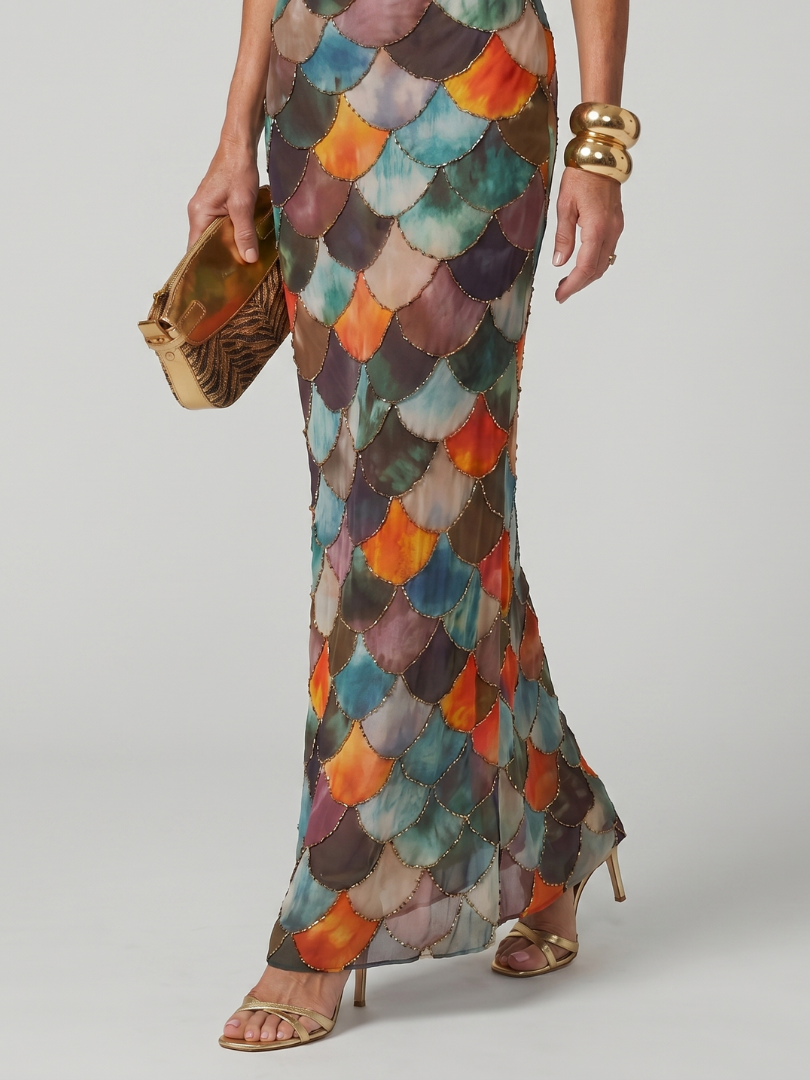 Larkin | Robe Maxi à Motif Écailles Multicolores Ajustée