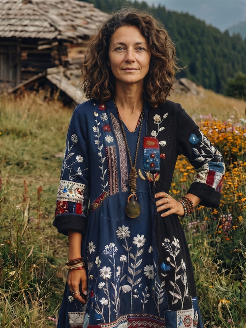 Alix | Robe midi à manches longues avec panneaux brodés