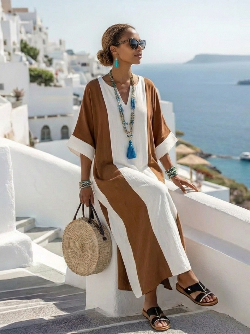Calindra | Robe maxi décontractée à manches courtes et color block
