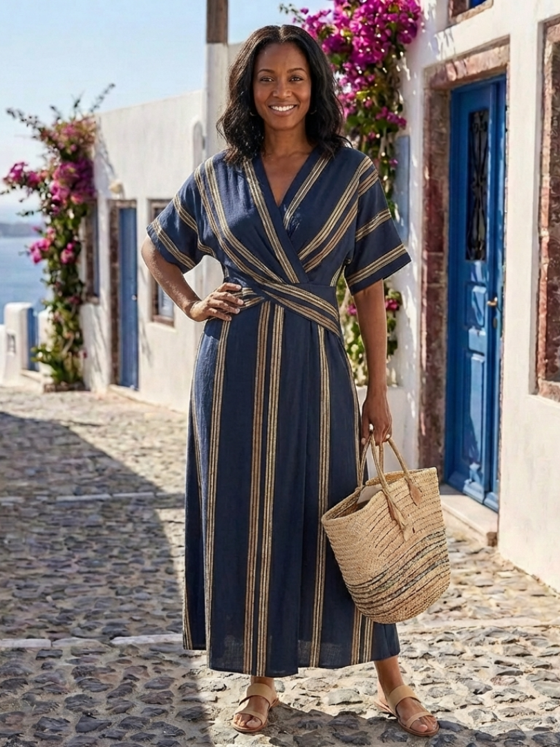 Saphira | Robe midi à rayures en V à manches courtes
