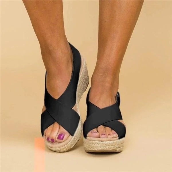 Sandales en Cuir à Talon Wedge Type Espadrille avec Bandes Croisées pour Femme