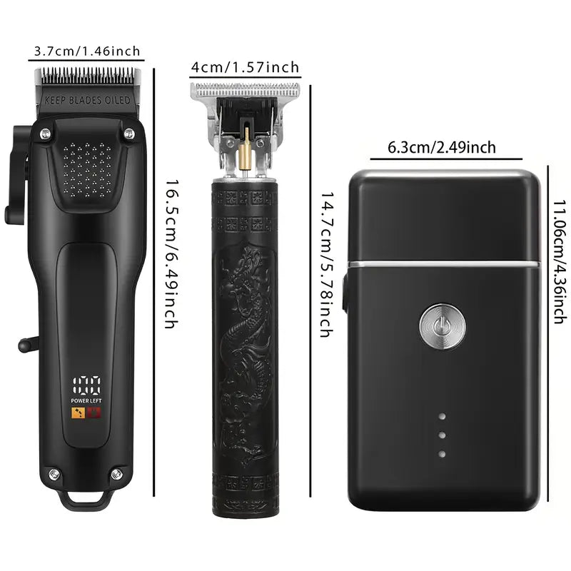 GroomMaster - Set de Soins Professionnels pour Cheveux et Barbe pour Hommes en 3 Pièces, Tondeuses Sans Fil avec Écran LED, Rechargeable par USB