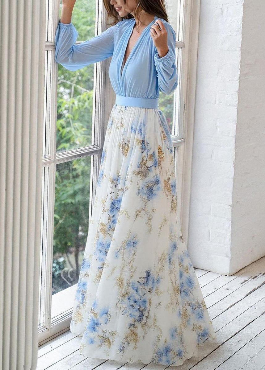 Robe Longue en Polyester avec Imprimé Floral Col en V et Manches Longues pour Femme