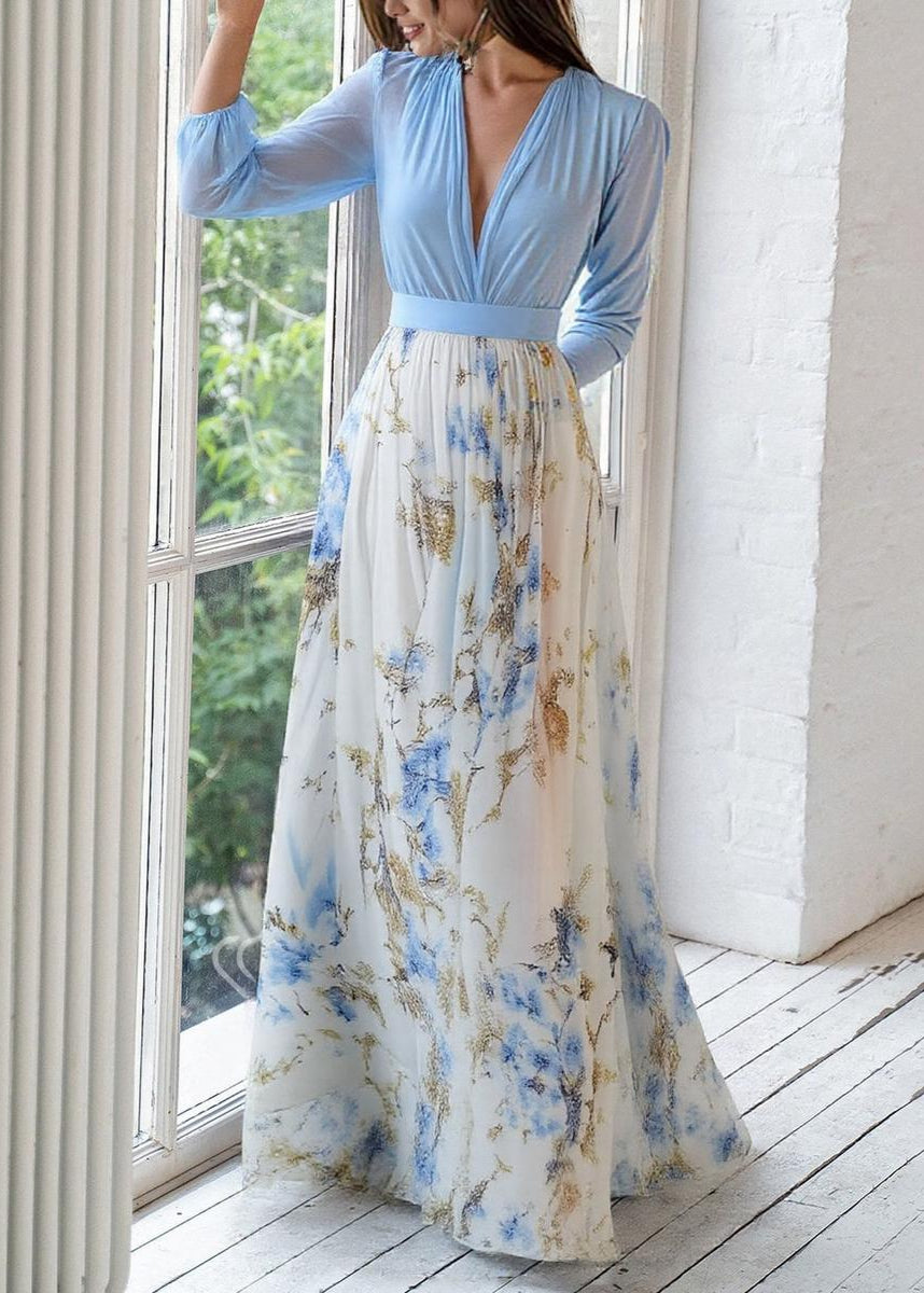 Robe Longue en Polyester avec Imprimé Floral Col en V et Manches Longues pour Femme
