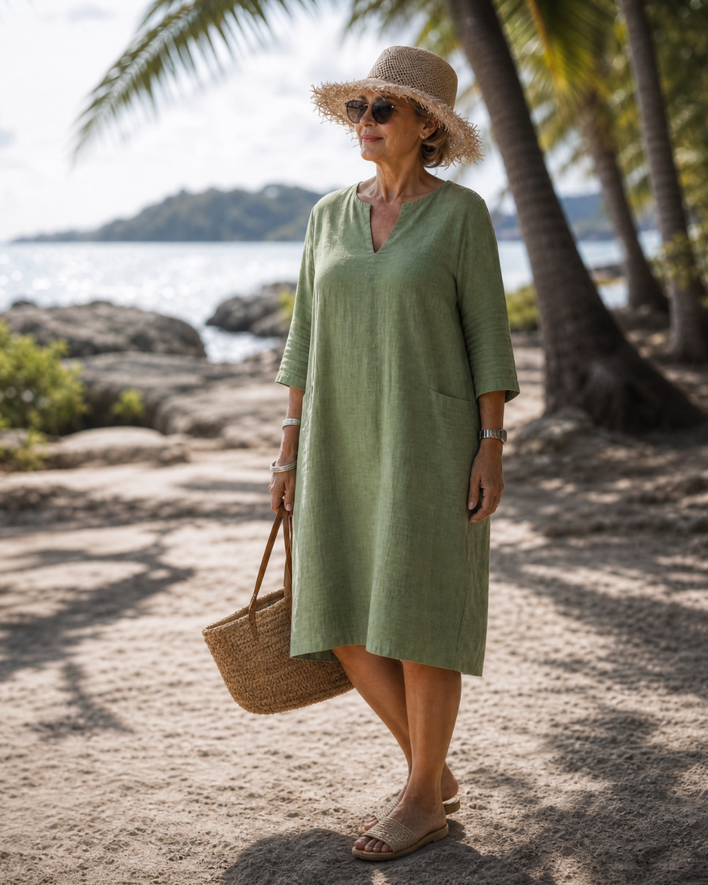 Elixir | Robe à manches trois-quarts en V texturé à longueur genoux