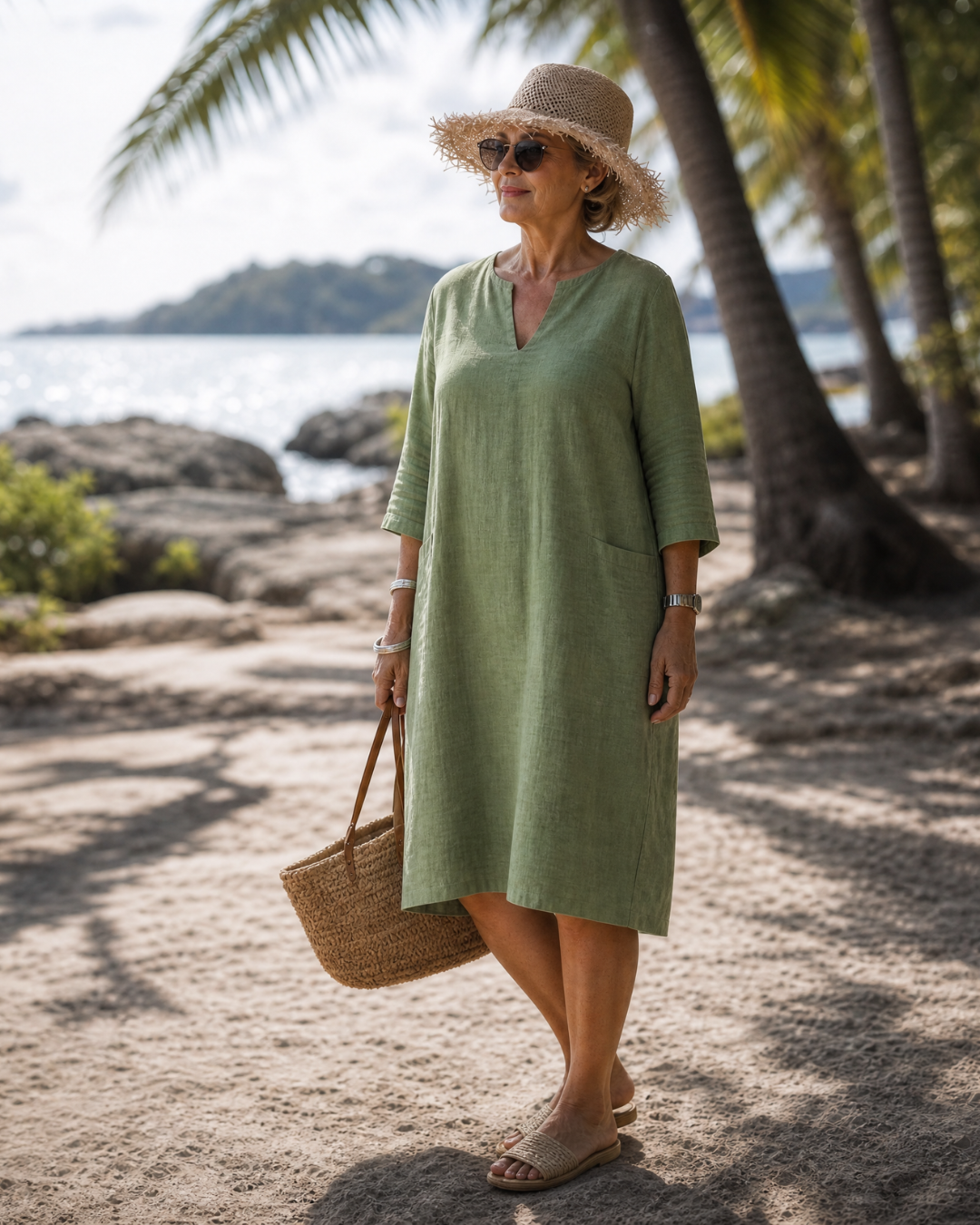 Elixir | Robe à manches trois-quarts en V texturé à longueur genoux