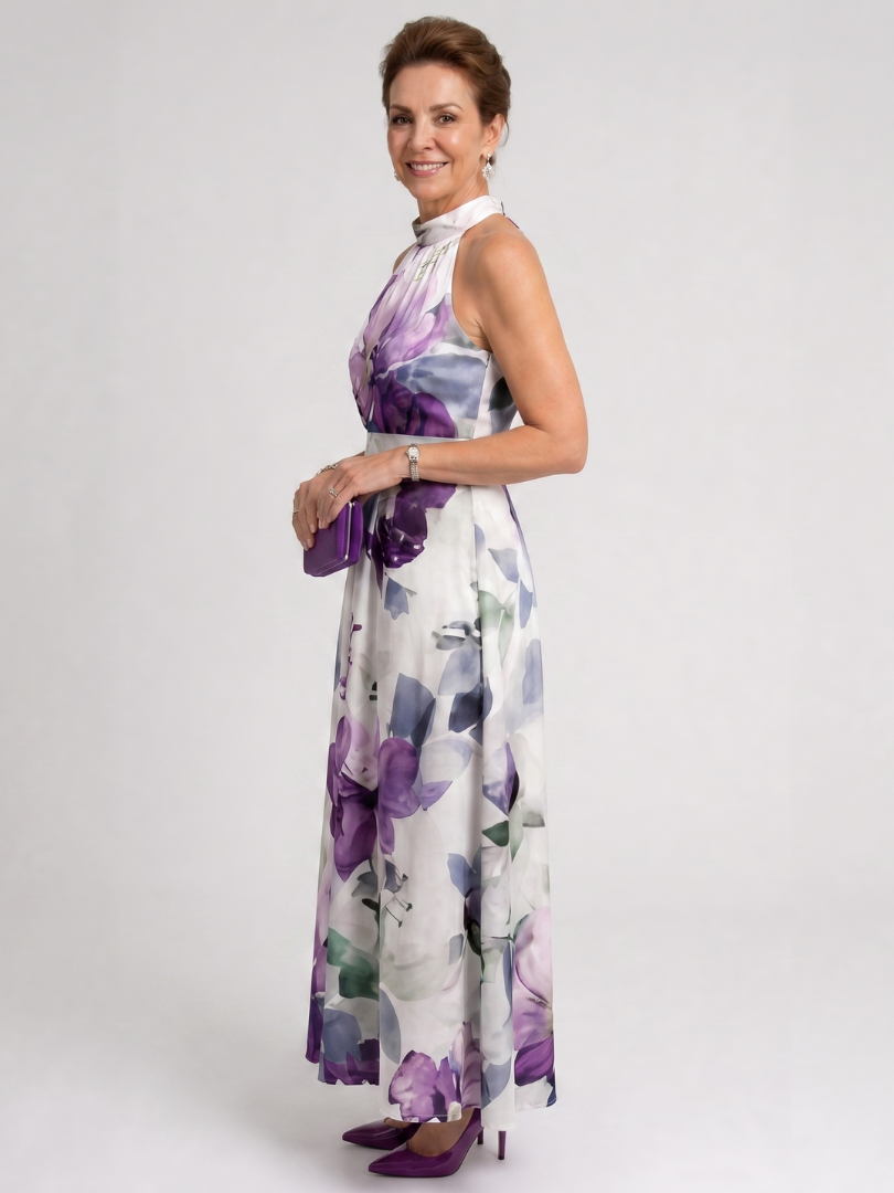 Omego | Robe Midi Fluide à Col Halter avec Motif Floral Aquarelle