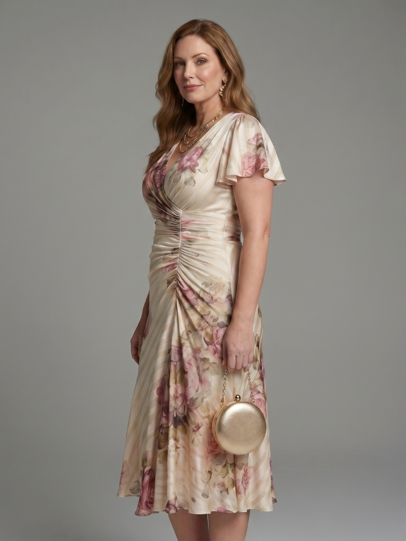 Katarina | Robe Midi à Manches Volantes Imprimé Floral à Rayures