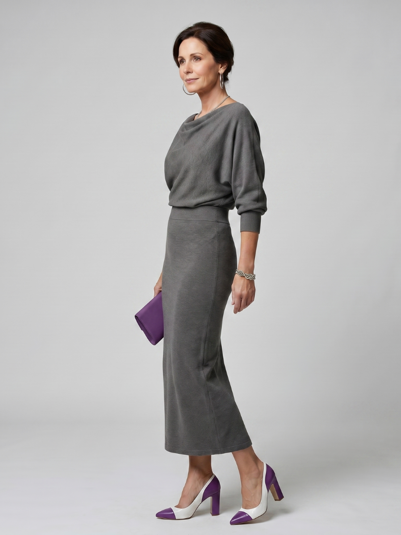Romy | Robe midi ajustée avec encolure drapée
