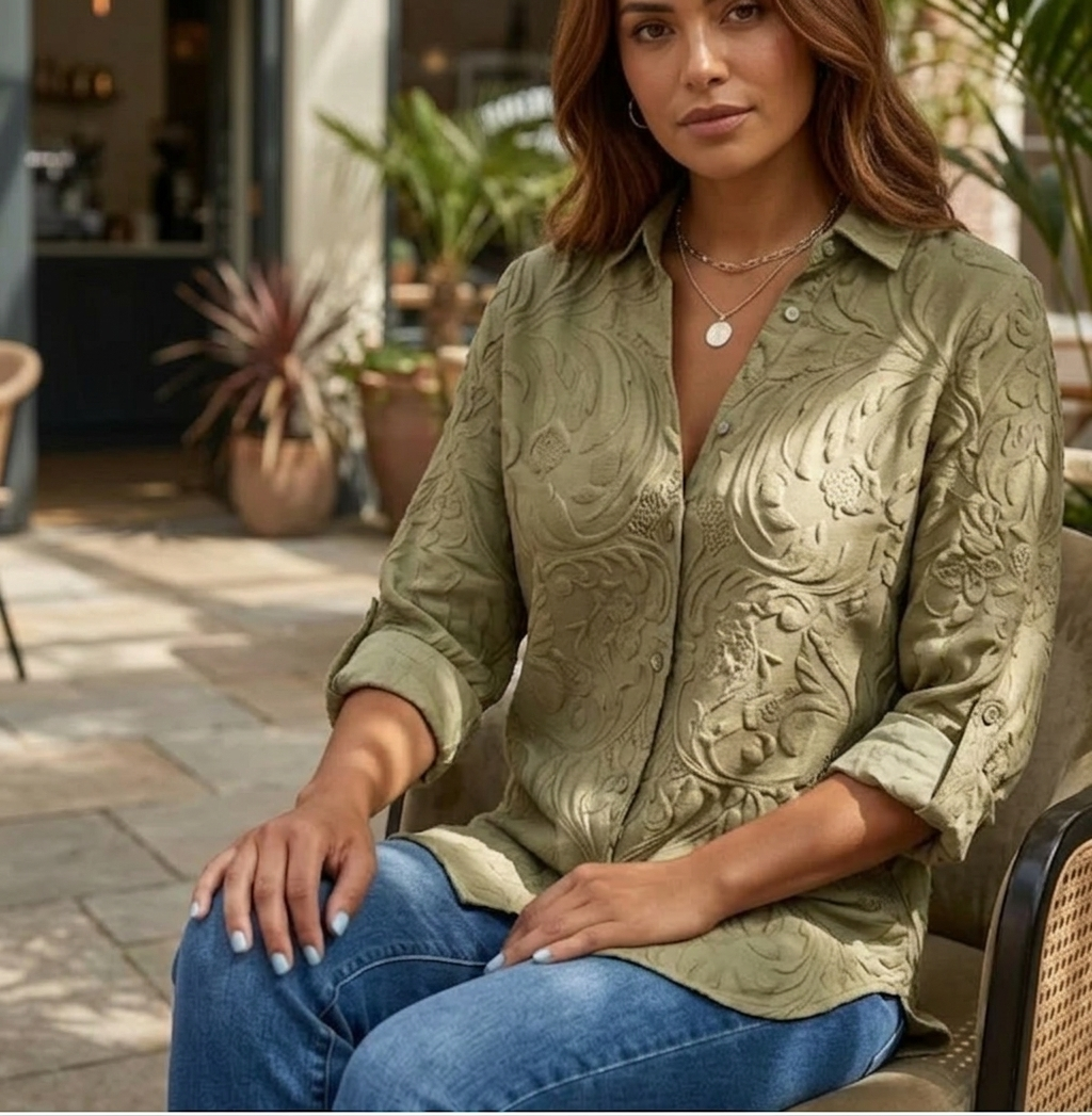 Blouse Élégante Florale Coupe Classique Manches Trois-Quarts