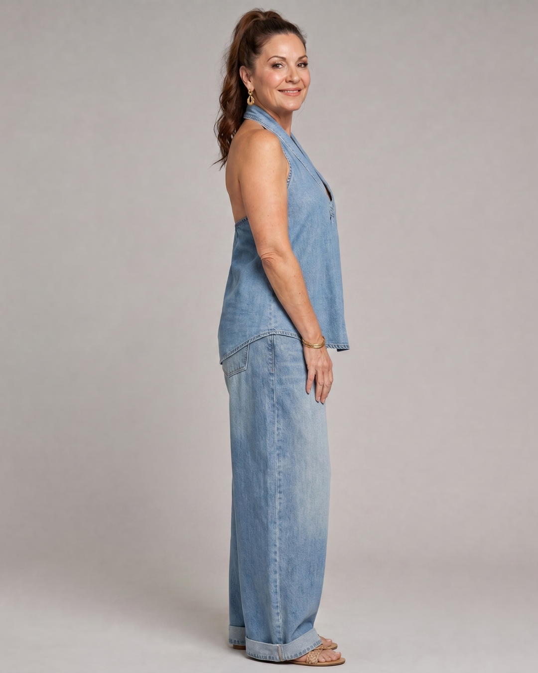 Zorelle | Ensemble Top en Jean à Col Halter et Pantalon Large