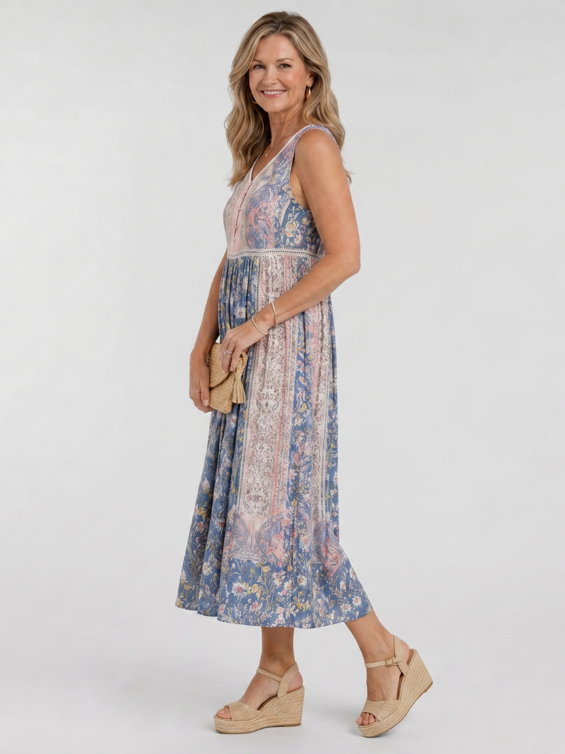 Lemez | Robe midi sans manches à détails de boutons floraux mélangés