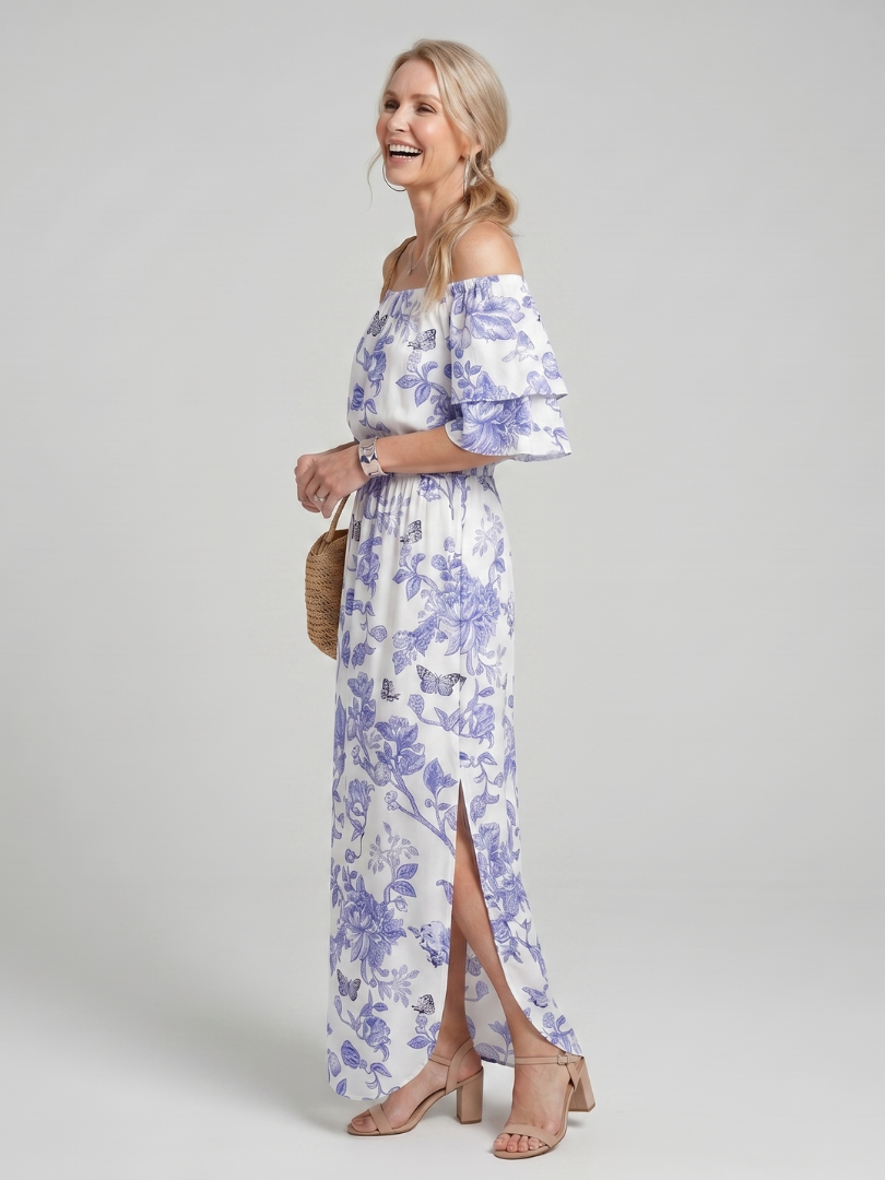 Elowira | Robe midi à imprimé floral doux et épaules dénudées