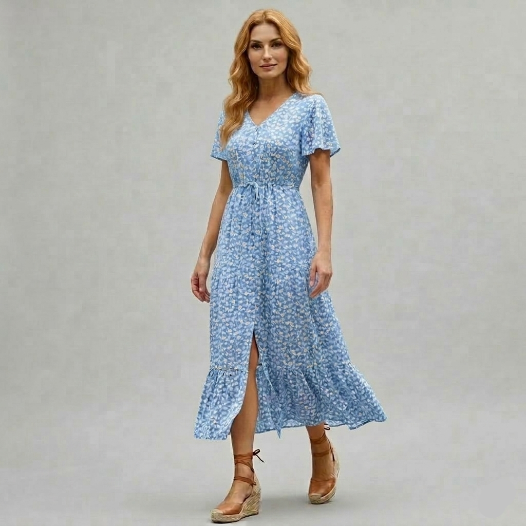 Robe Maxi Femme Florale Élégante Col V Boutons Avant