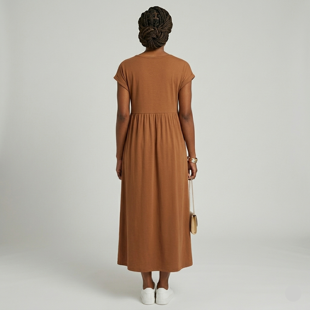 Robe Maxi Femme Élégante Manches Courtes Taille Haute Poches