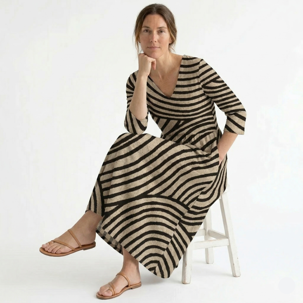 Robe Longue Femme Rayée Élégante Col V Manches Trois Quarts