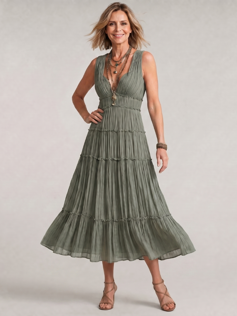 Somala | Robe Midi Plissée Sans Manches à Encolure en V Tiered