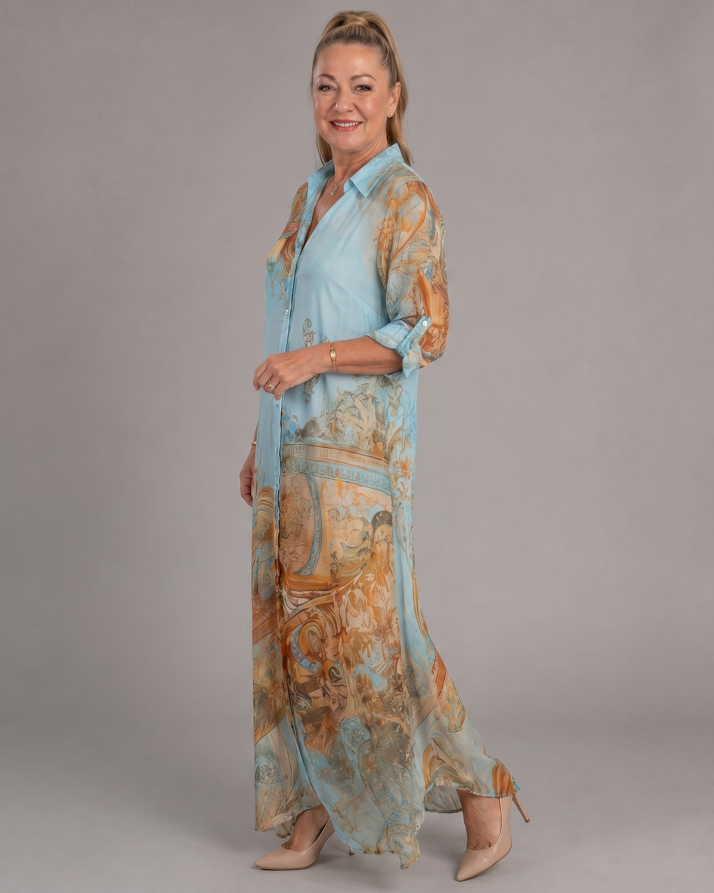 Azmira | Robe Maxi Fluide à Imprimé Baroque avec Boutonnage